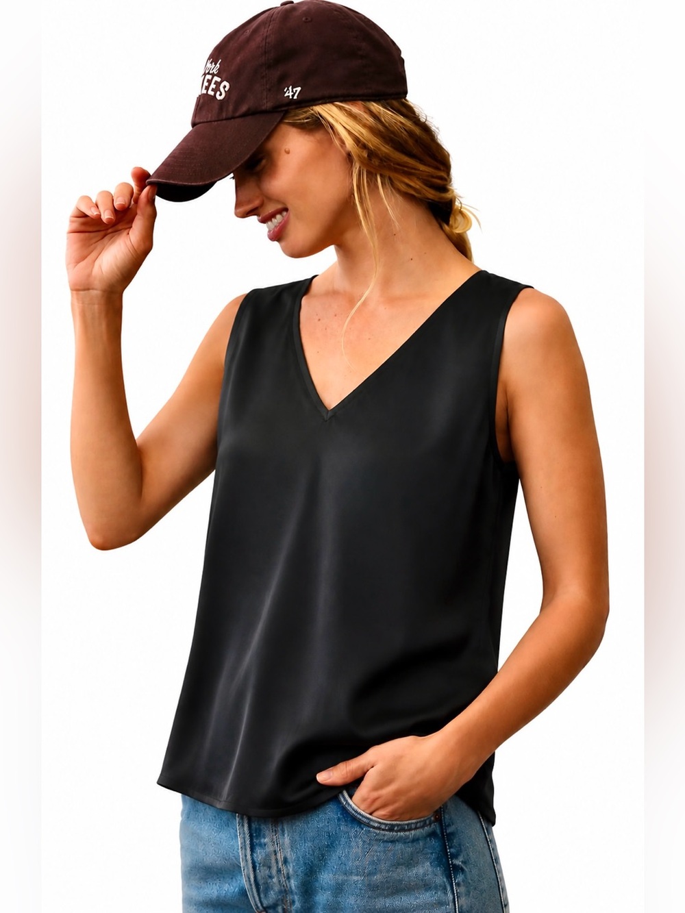 NWOT Quince Washable Silk V-Neck Tank Blouse in True Black | Size XS